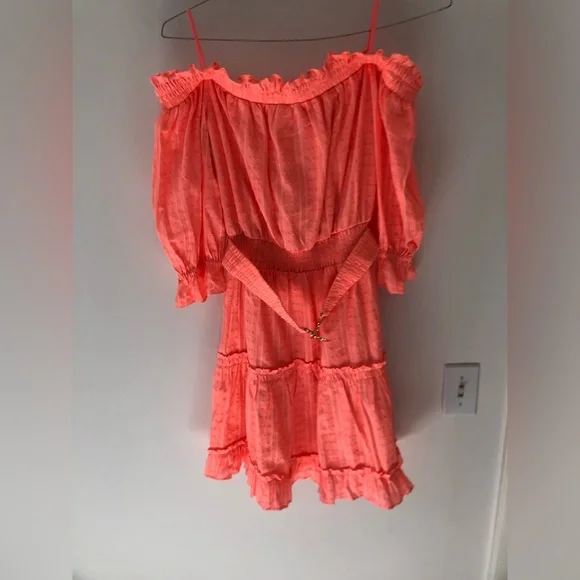 NWT Lilly Pulitzer Louisa Belted Off the Shoulder Mini Dress in Papaya Punch M - Picture 2 of 16